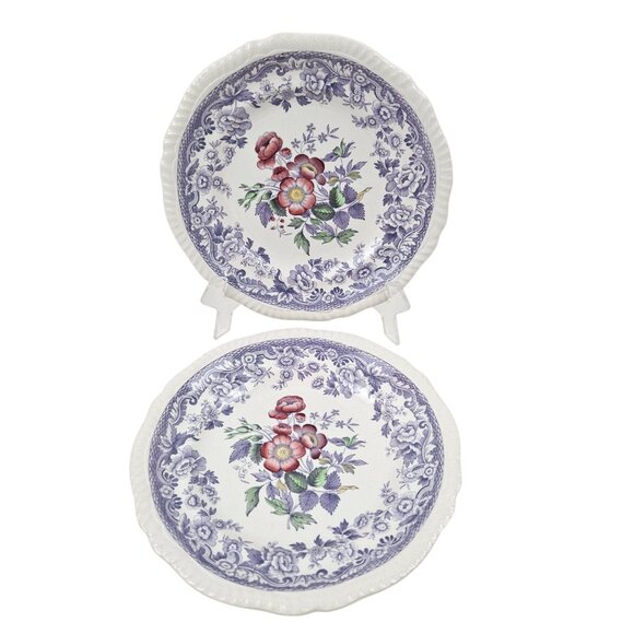 Copeland Spode Mayflower 2 Salad Plates Floral Lavender Border Vintage England - Picture 1 of 11